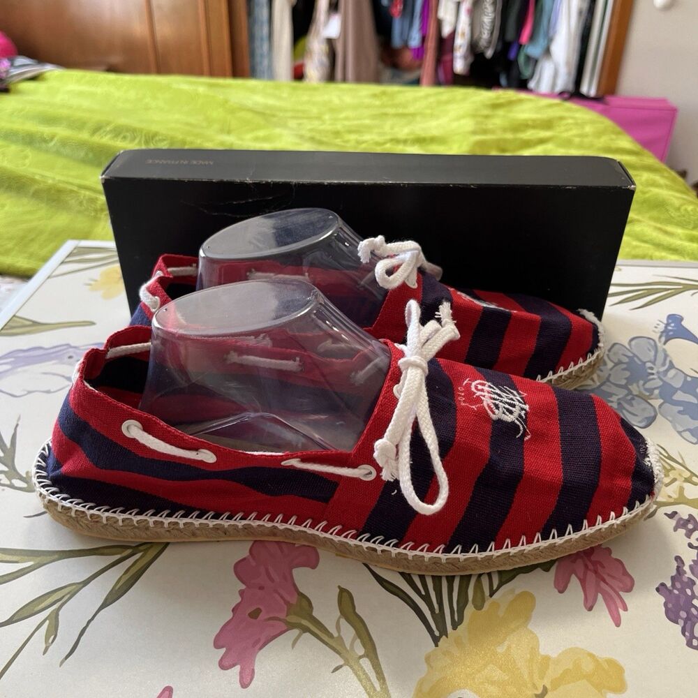 Polo Ralph Lauren Blue Red Striped Espadrille Embroidery Madras Shoes Mens 10.5 - Picture 4 of 10